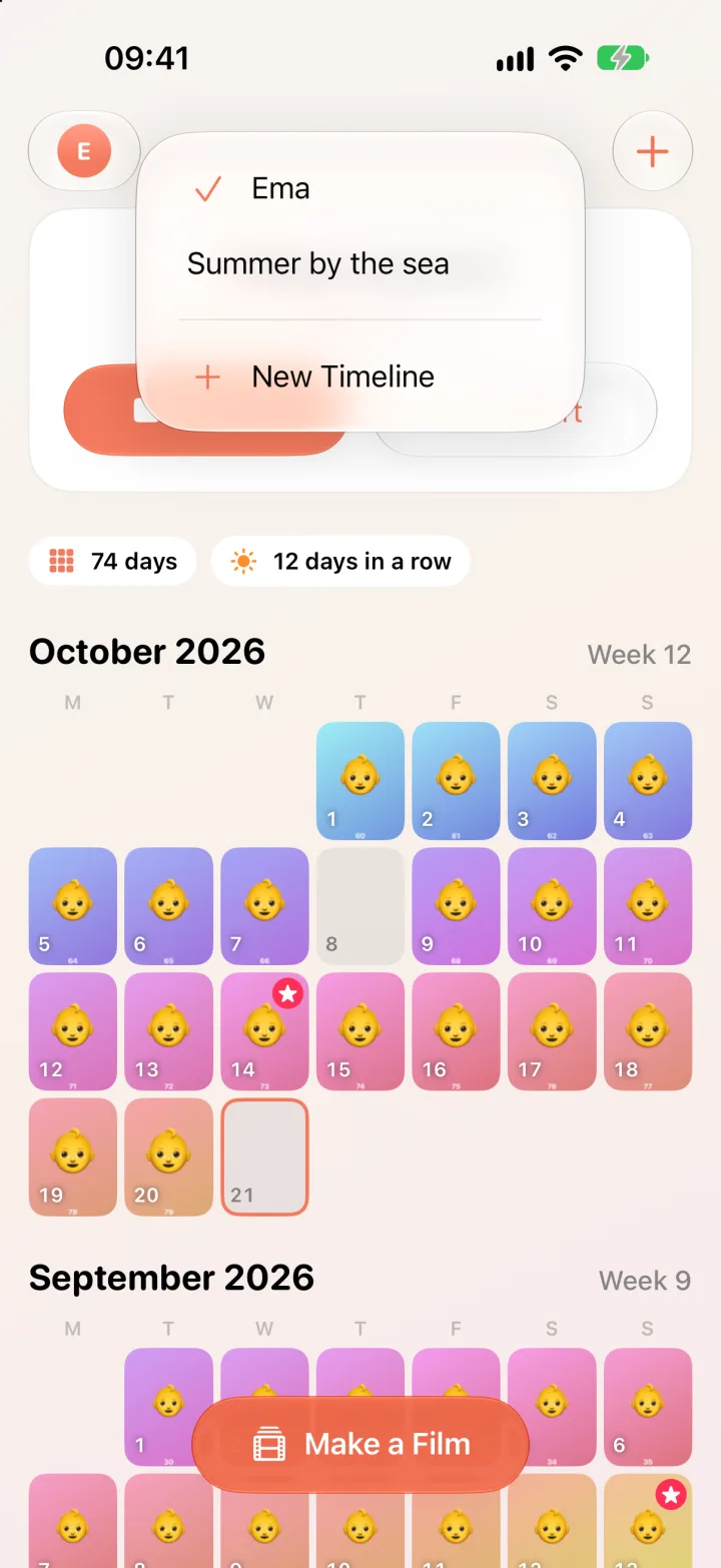 One Sec Daily the timeline menu with two timelines and a New Timeline button