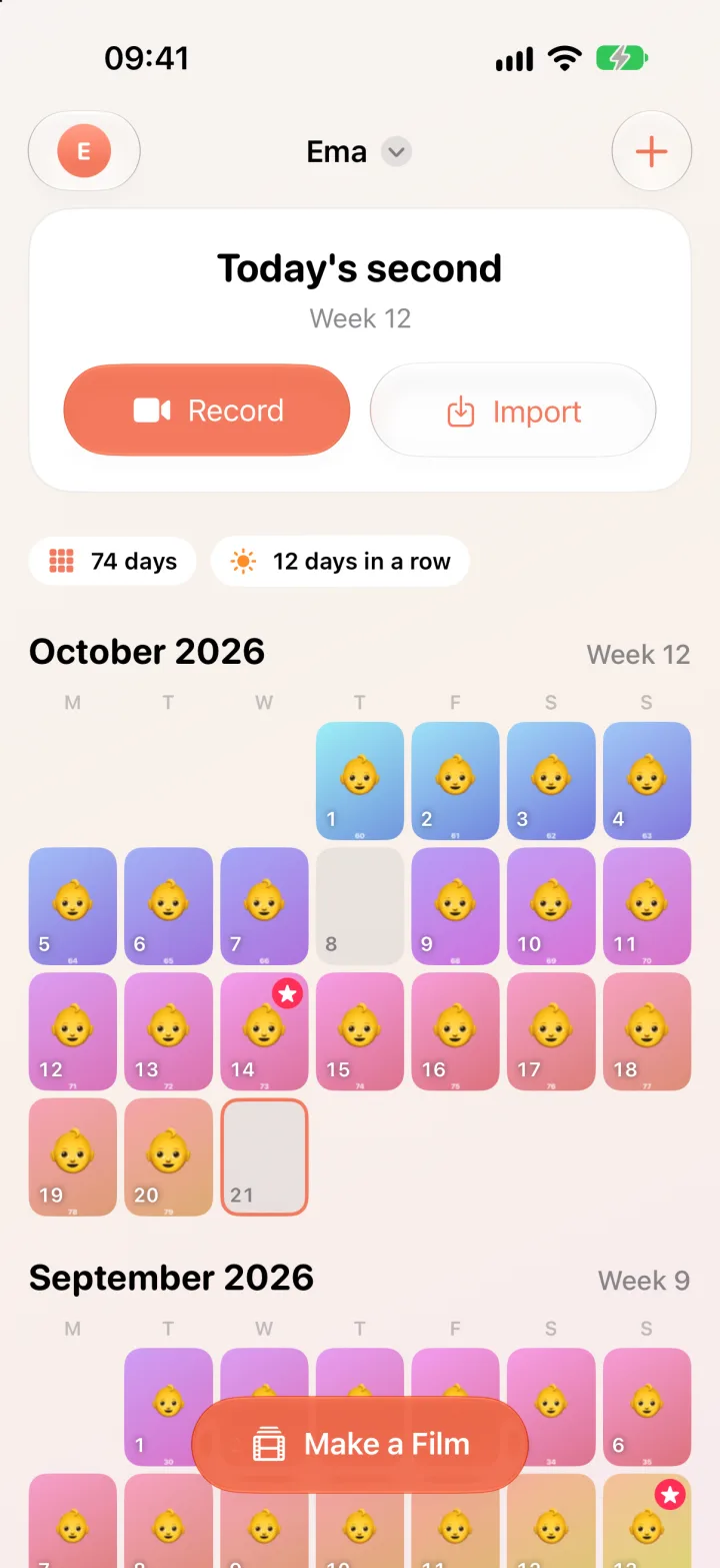 a calendar of daily clips with today's Record and Import buttons
